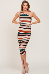 Rust Striped One Shoulder Maternity Fitted Dress