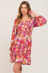 Magenta Floral Smocked Long Sleeve Dress