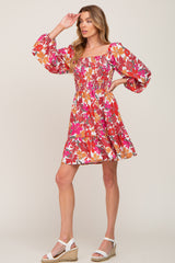 Magenta Floral Smocked Long Sleeve Dress