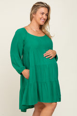 Green Tiered Long Sleeve Maternity Plus Dress