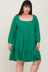 Green Tiered Long Sleeve Plus Dress