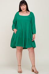 Green Tiered Long Sleeve Plus Dress