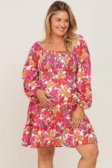 Magenta Floral Smocked Long Sleeve Maternity Plus Dress