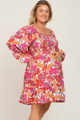 Magenta Floral Smocked Long Sleeve Maternity Plus Dress