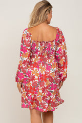 Magenta Floral Smocked Long Sleeve Maternity Plus Dress