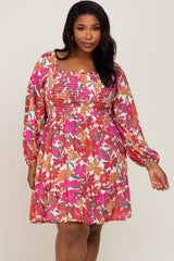 Magenta Floral Smocked Long Sleeve Maternity Plus Dress