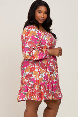 Magenta Floral Smocked Long Sleeve Plus Dress