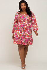 Magenta Floral Smocked Long Sleeve Plus Dress