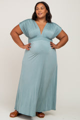 Light Olive Draped Smocked Maternity Plus Maxi Dress