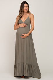 Olive Deep V-Neck Back Tie Maternity Maxi Dress