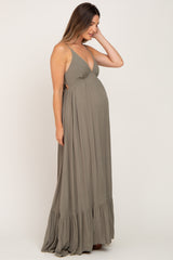 Olive Deep V-Neck Back Tie Maternity Maxi Dress