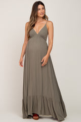 Olive Deep V-Neck Back Tie Maternity Maxi Dress