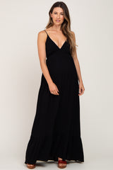 Black Deep V-Neck Back Tie Maternity Maxi Dress