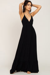 Black Deep V-Neck Back Tie Maternity Maxi Dress