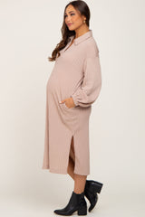 Taupe Cable Knit Collared Maternity Midi Dress