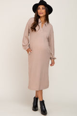 Taupe Cable Knit Collared Maternity Midi Dress