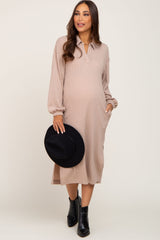 Taupe Cable Knit Collared Maternity Midi Dress