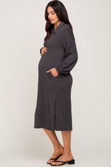 Charcoal Cable Knit Collared Maternity Midi Dress