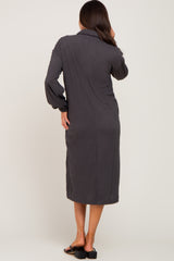 Charcoal Cable Knit Collared Maternity Midi Dress