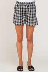 Black Plaid Fringe Hem Maternity Shorts