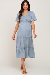 Blue Gingham Print Smocked Tiered Maternity Midi Dress