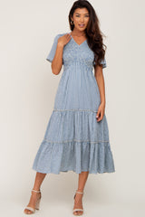 Blue Gingham Print Smocked Tiered Maternity Midi Dress