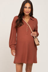 Rust Waffle Knit Collared Long Sleeve Maternity Dress