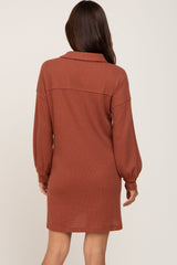 Rust Waffle Knit Collared Long Sleeve Maternity Dress