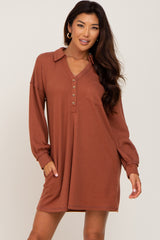 Rust Waffle Knit Collared Long Sleeve Dress