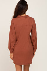 Rust Waffle Knit Collared Long Sleeve Dress