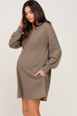 Olive Waffle Knit Collared Long Sleeve Maternity Dress