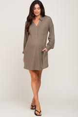 Olive Waffle Knit Collared Long Sleeve Maternity Dress