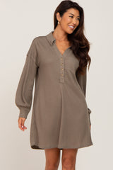 Olive Waffle Knit Collared Long Sleeve Maternity Dress