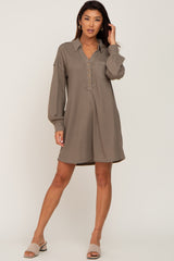 Olive Waffle Knit Collared Long Sleeve Dress