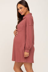 Mauve Waffle Knit Collared Long Sleeve Maternity Dress