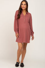 Mauve Waffle Knit Collared Long Sleeve Maternity Dress