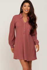 Mauve Waffle Knit Collared Long Sleeve Dress