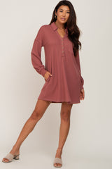 Mauve Waffle Knit Collared Long Sleeve Dress