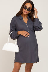 Charcoal Waffle Knit Collared Long Sleeve Maternity Dress