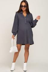 Charcoal Waffle Knit Collared Long Sleeve Maternity Dress