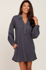 Charcoal Waffle Knit Collared Long Sleeve Maternity Dress