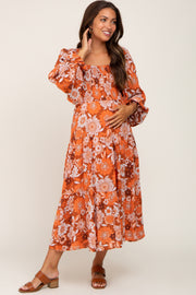 Rust Floral Smocked Tiered Maternity Midi Dress