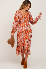 Rust Floral Smocked Tiered Midi Dress