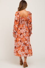 Rust Floral Smocked Tiered Midi Dress