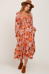 Rust Floral Smocked Tiered Midi Dress