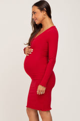 Red Ribbed Button Down Maternity Fitted Dress