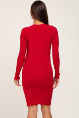 Red Ribbed Button Down Maternity Fitted Dress