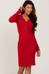 Red Ribbed Button Down Maternity Fitted Dress