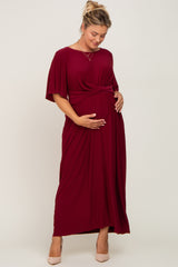 Burgundy Gathered Front Maternity Plus Maxi Dress