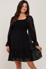 Black Metallic Stripe Smocked Maternity Dress